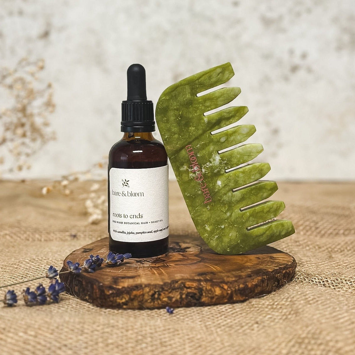 Roots to Ends natural hair and scalp oil with green aventurine wide-tooth comb gift set - Bare & Bloom