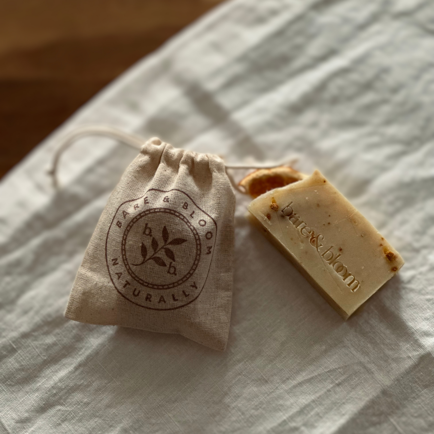 small artisan soap and cotton bag