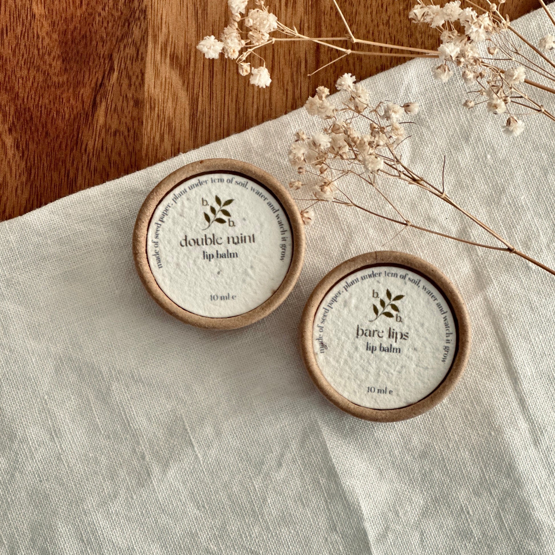 Vegan lip balm in 10ml eco biodegradable kraft pots and seeded label