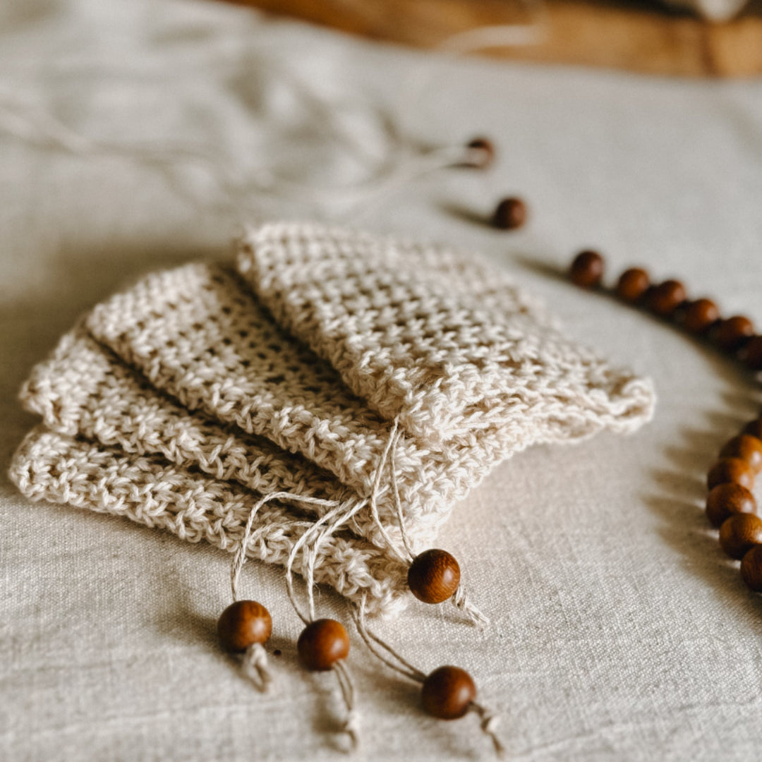 handmade cotton soap bags with hemp twine and wooden bead