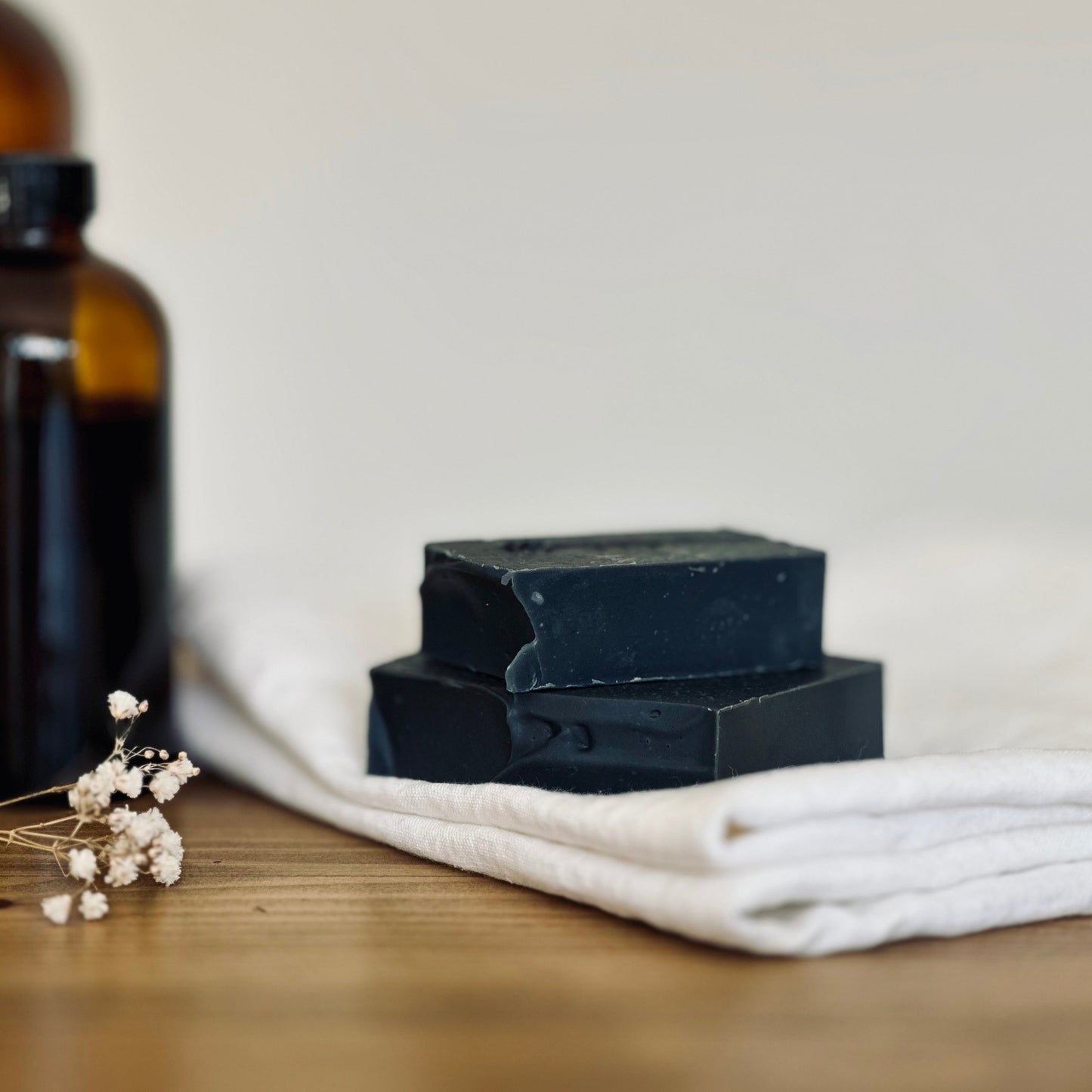 charcoal soap on white cloth