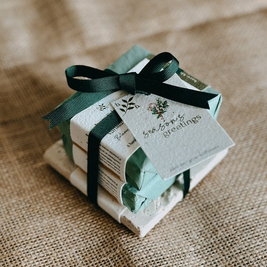 Christmas Soap Gift Bundle | Handmade Soaps + Travertine Soap Tray - Bare and Bloom